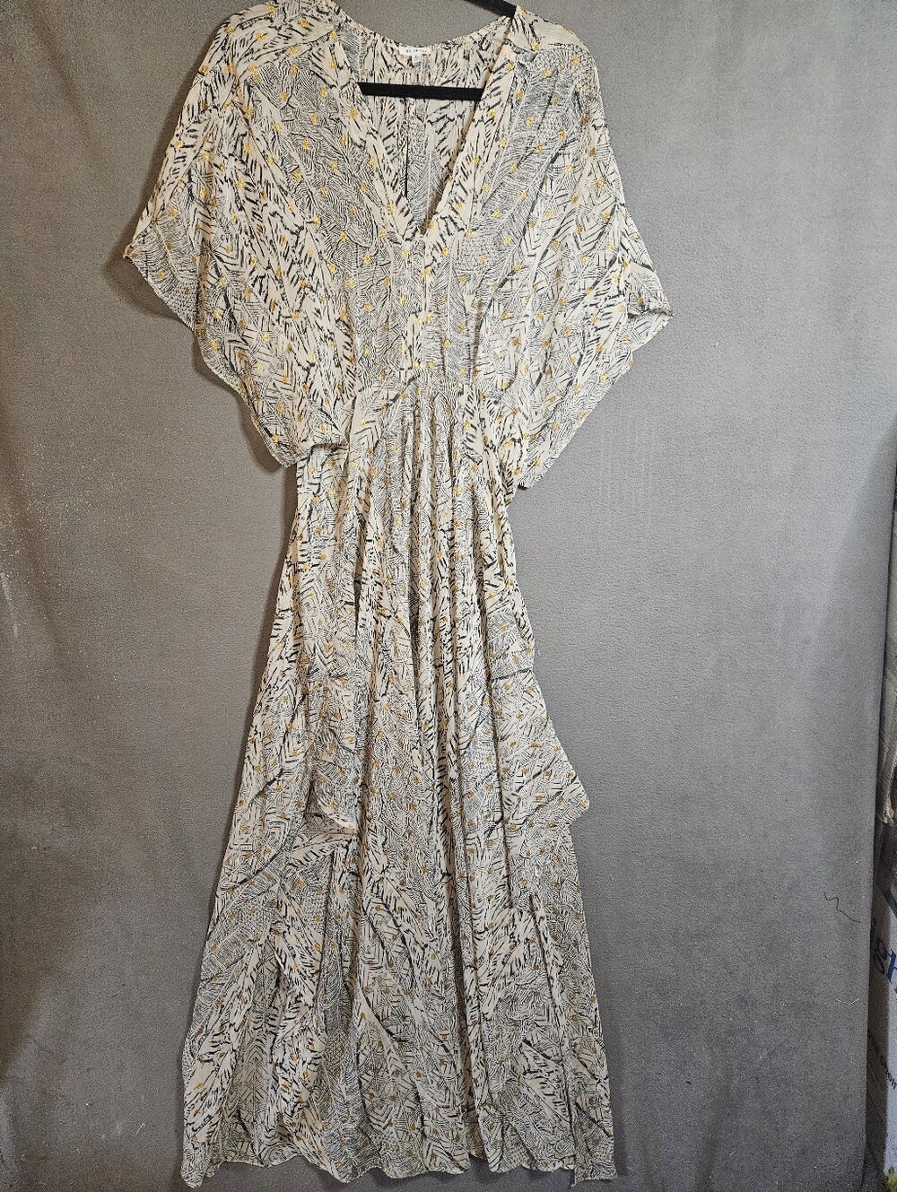 En Creme Gold Dots Resort Wear Flowy Semi Sheer Dress Cover Up Side Slits Medium